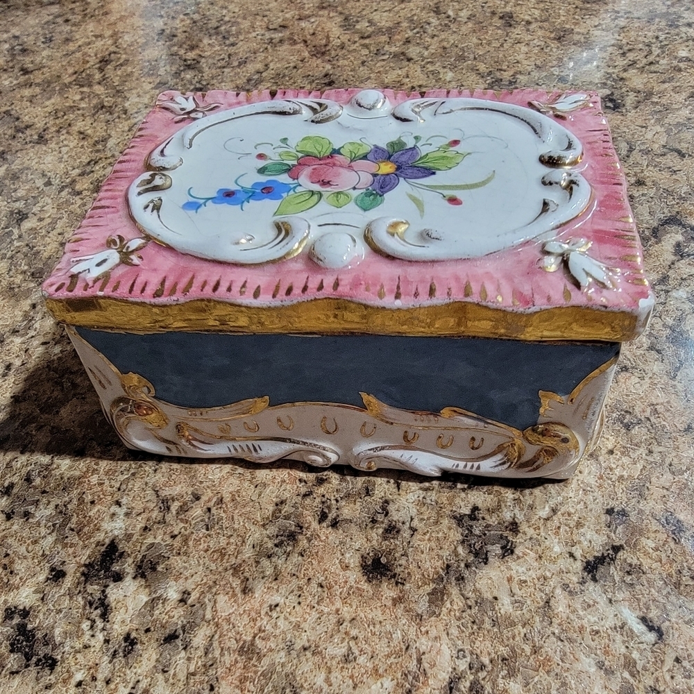 Italy Floral Porcelain Trinket Vintage Jewelry Box